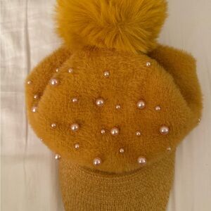 Yellow Mustard Fuzzy Cap with Pearls and Pom Pom